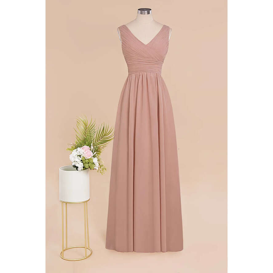 Chiffon Bridmesaid Pink Dusty Dresses Designer A E V Neck Pleats Long Summer Garden Bohemian Wedding Guest Maid Of Honor Gowns Custom Made Bm0752
