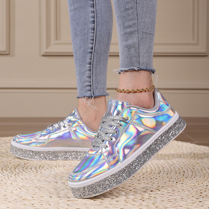 Korean version of the trend of casual thick soles board shoes new bright face fashion women's shoes low top lace-up flat shoes couple fashion sho