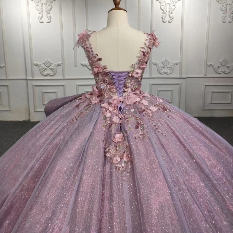 Luxury Lilac Shiny Sexy V-Neck Quinceanera Dresses Ball Gown Appliques Lace 3D Flower Beads Lace-Up Sweet 16 Dress Party Dress Vestidos De 15 Anos