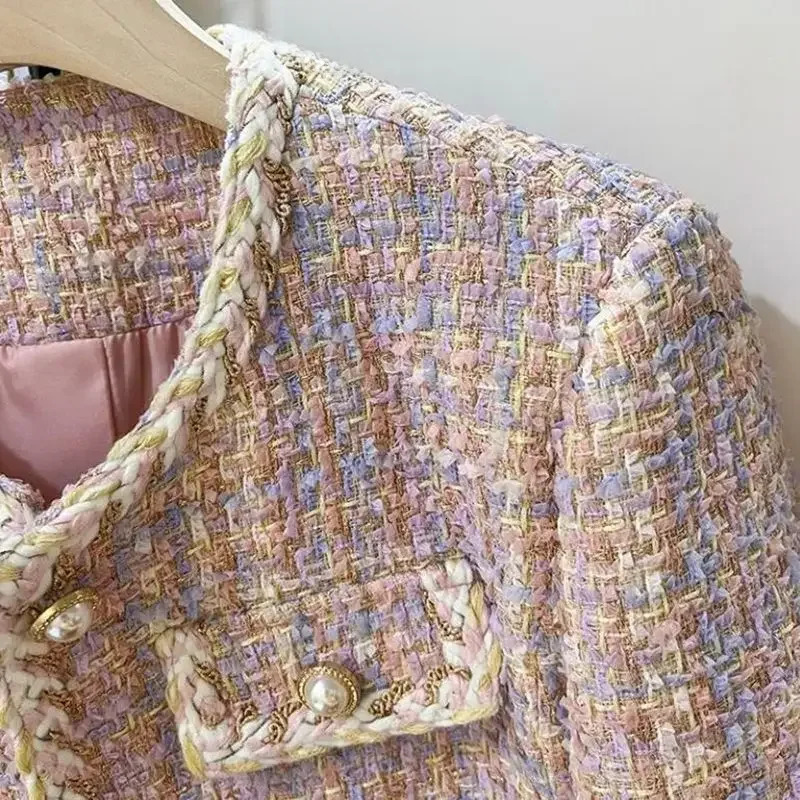 Elegant purple pink tweed style womens jacket winter round neck social style Western clothing set 241023