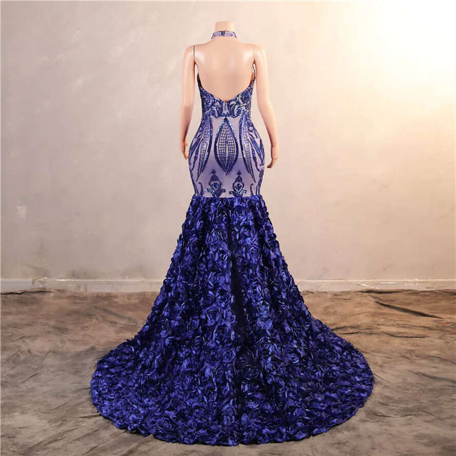 Ruffles Blue Cascading Royal Mermaid Prom Dresses Sequined Lace Wers Halter Neck Backless Long Women Evening Party Gowns Custom Made Bm3507