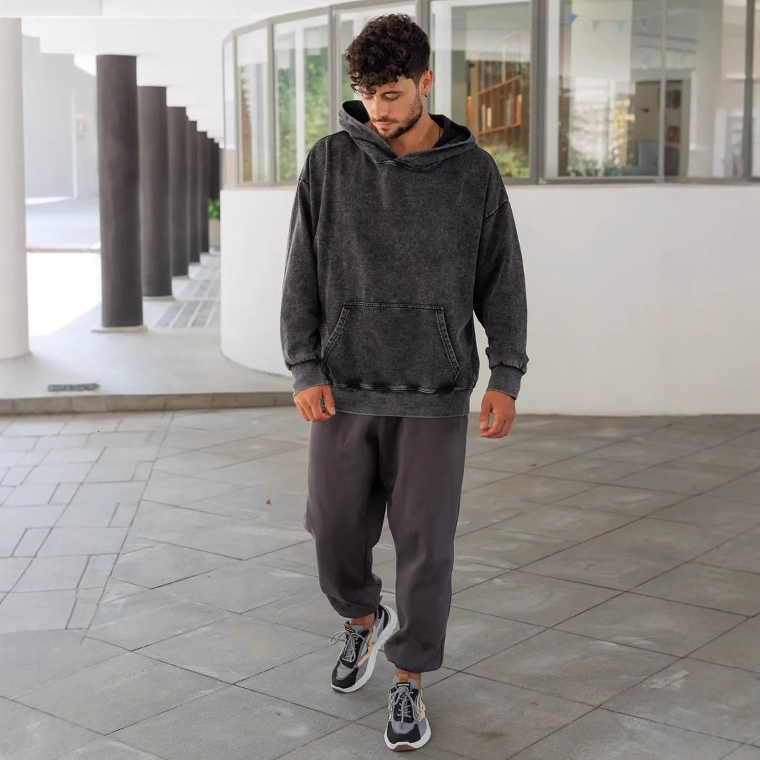 Men's hoodie, wax printed heavy-duty circular hooded sweatshirt, water washed outfit, loose and fashionable couple's top