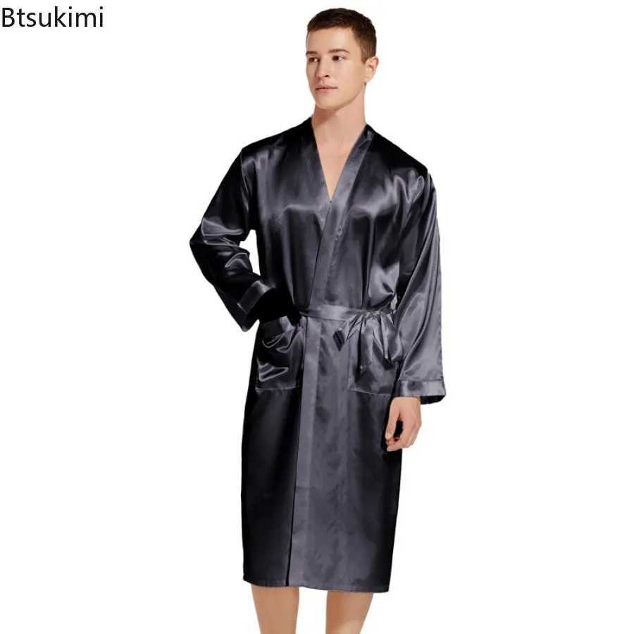 New 2024 Mens Long Dress Made of Artificial Silk Soft Home Bathroom Size Up Mens Pajamas Solid Loose Mens Satin Pajama Dress W241023