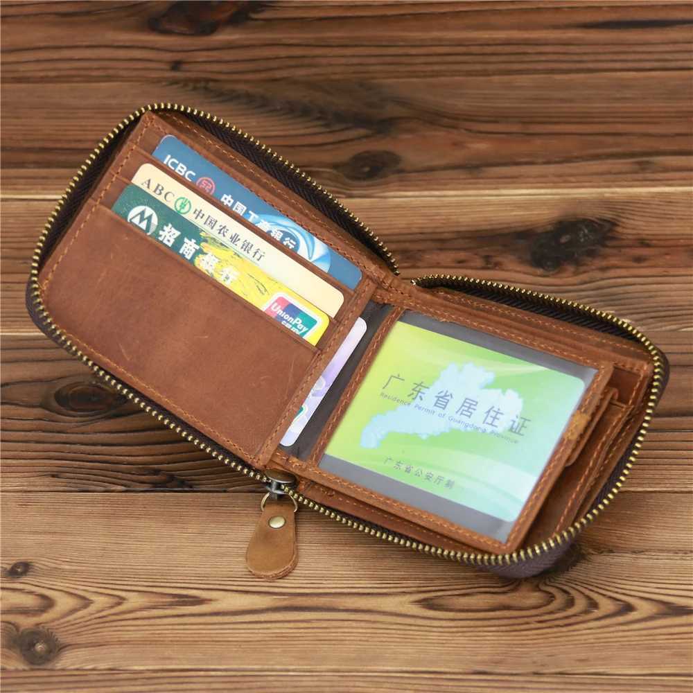 Mens leather zipper wallet card holder cash coin pocket mens large solid standard wallet Z250411