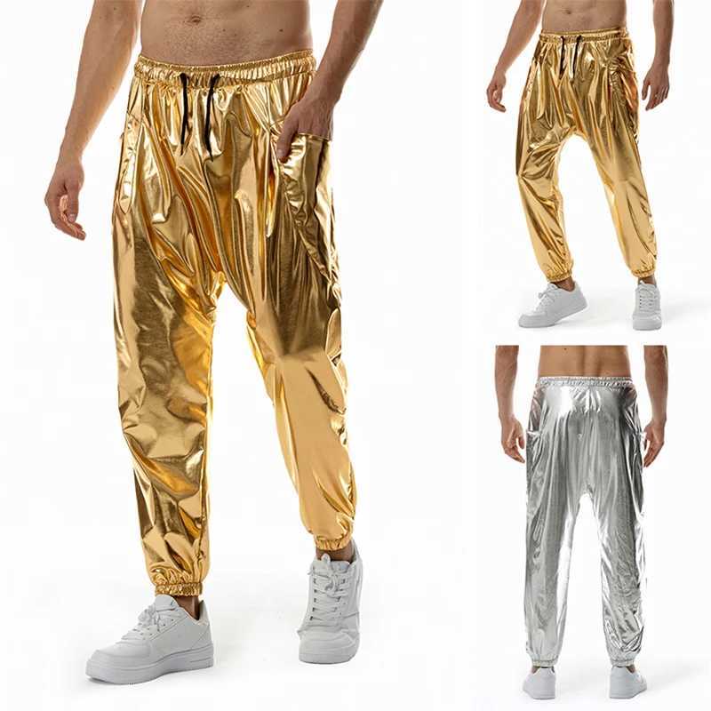 Mens Metal Shiny Jogging Pants Night Club Disco Party Elastic Pants Gold SilverX241023