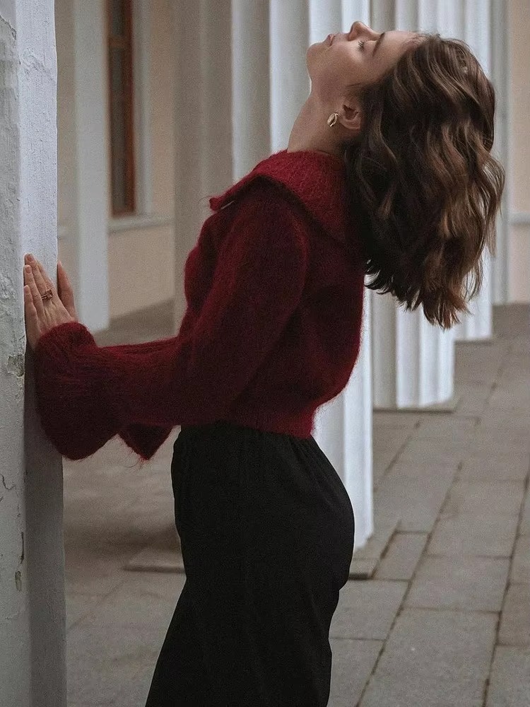 Women Turndown Collar Flare Sleeve Solid Cardigan Chic Single-Breasted Female Casual Knitwear Autumn Commute Lady Cardigans