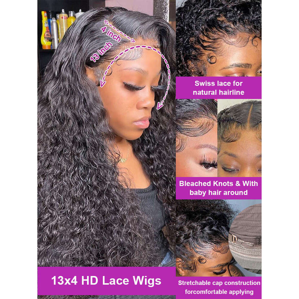 Transparent 300% Density Water Culry 360 Full Lace Frontal Wig Human Hair 40Inch Deep Wave 13x4 13x6 Hd Lace Front Wig For Women