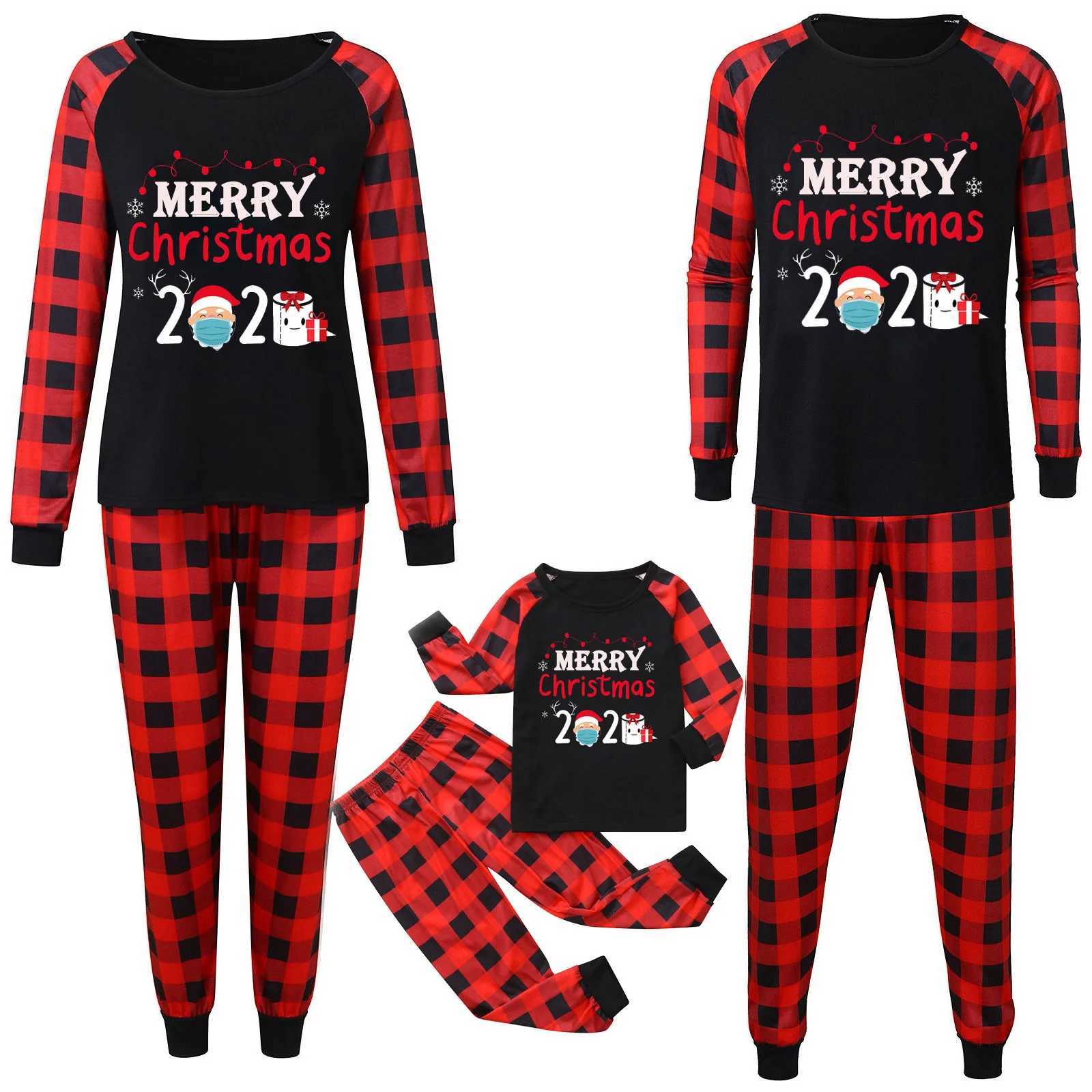 Christmas Letter Print Parent-child Outfits Long Sleeve Top Black Red Plaid Pants Home Suit New Year Family Matching Pajamas SetXJ241008
