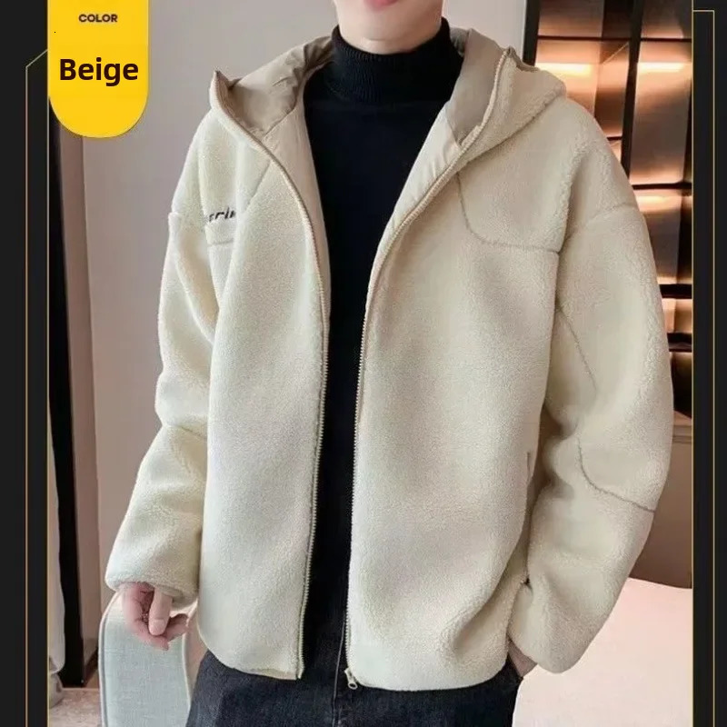 Mens Autumn 2024 Sheep Velvet Jacket Fashion Casual Clothing Collar Long Sleeve Thick Jacket 241023