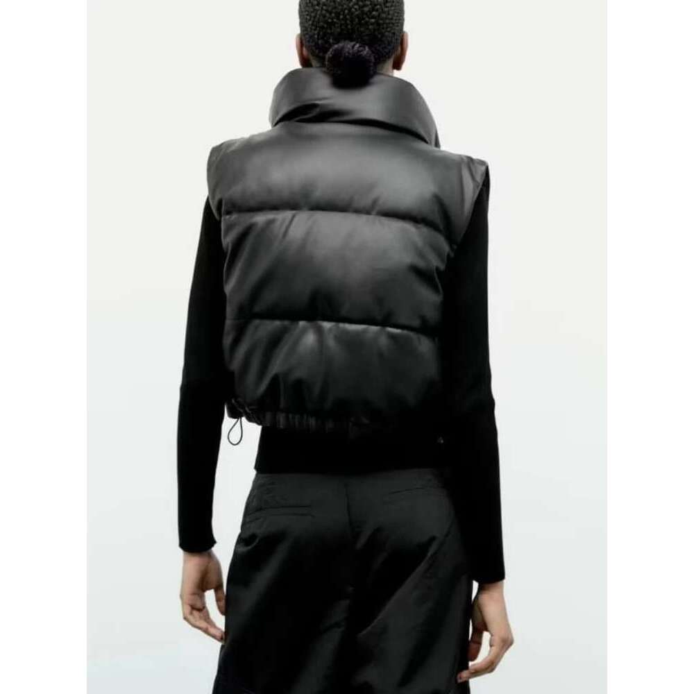 ZBZA Fall Winter New Women Fashion Thick Warm Faux Leather Cropped Padded Waistcoat High Neck PU Vest Female Outerwear Chic Tops