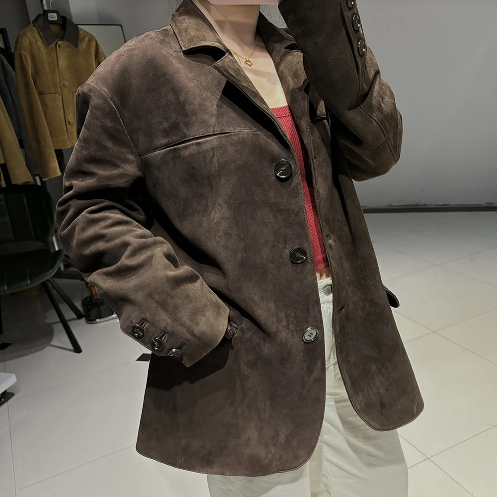 YOLOAgain Womens Extra Large Suede Leather Jacket Single Chest Genuine Leather Jacket Womens Autumn 241023