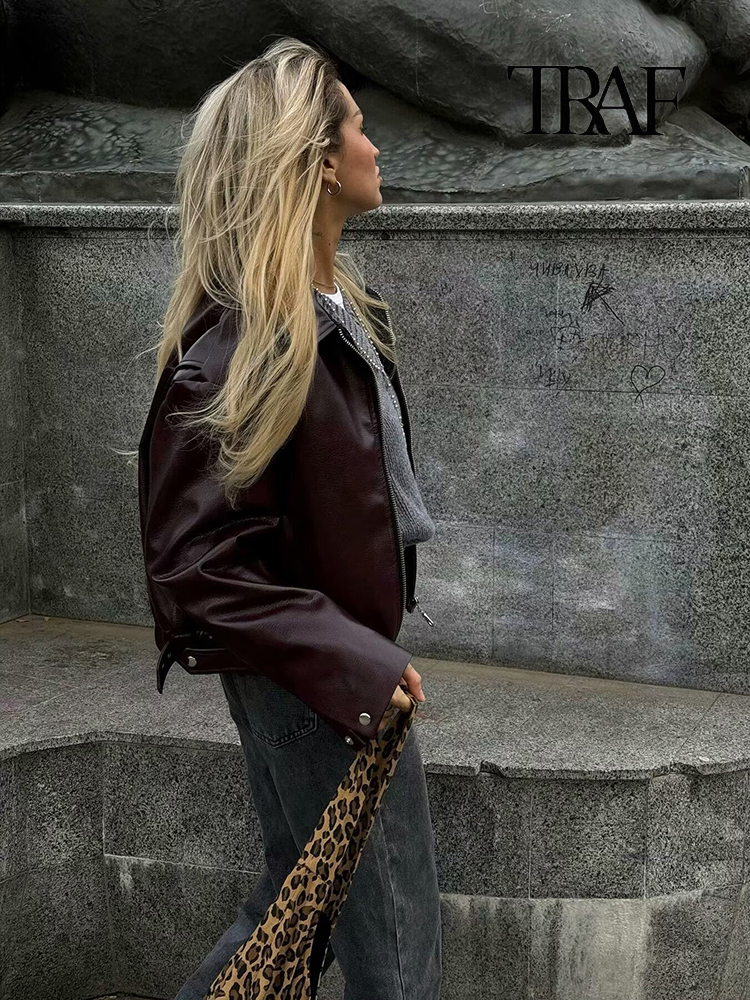 TRAF Women Fashion Lapel Zipper Patchwork Leather Retro Long Sleeve Pocket Autumn And Winter Street Style Jacket
