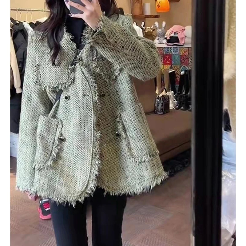 MEXZT Vintage Tweed Jackets Women Korean Tassel Patchwork Thick Warm Coats Elegant Loose Casual All Match Chic Outerwear Tops