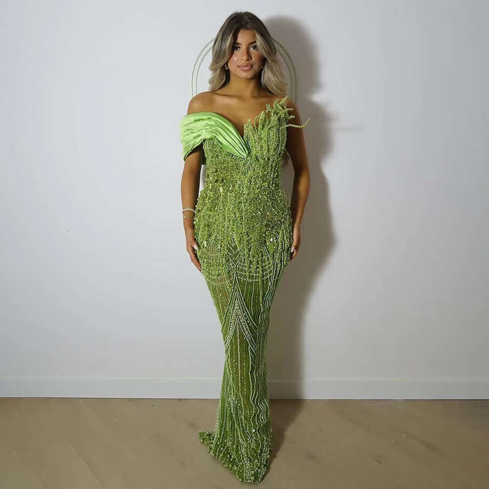 Serene Hill 2024 Arabic Green Mermaid Elegant One Shoulder Beaded Long Evening Dresses Gowns for Formal Ocn prom