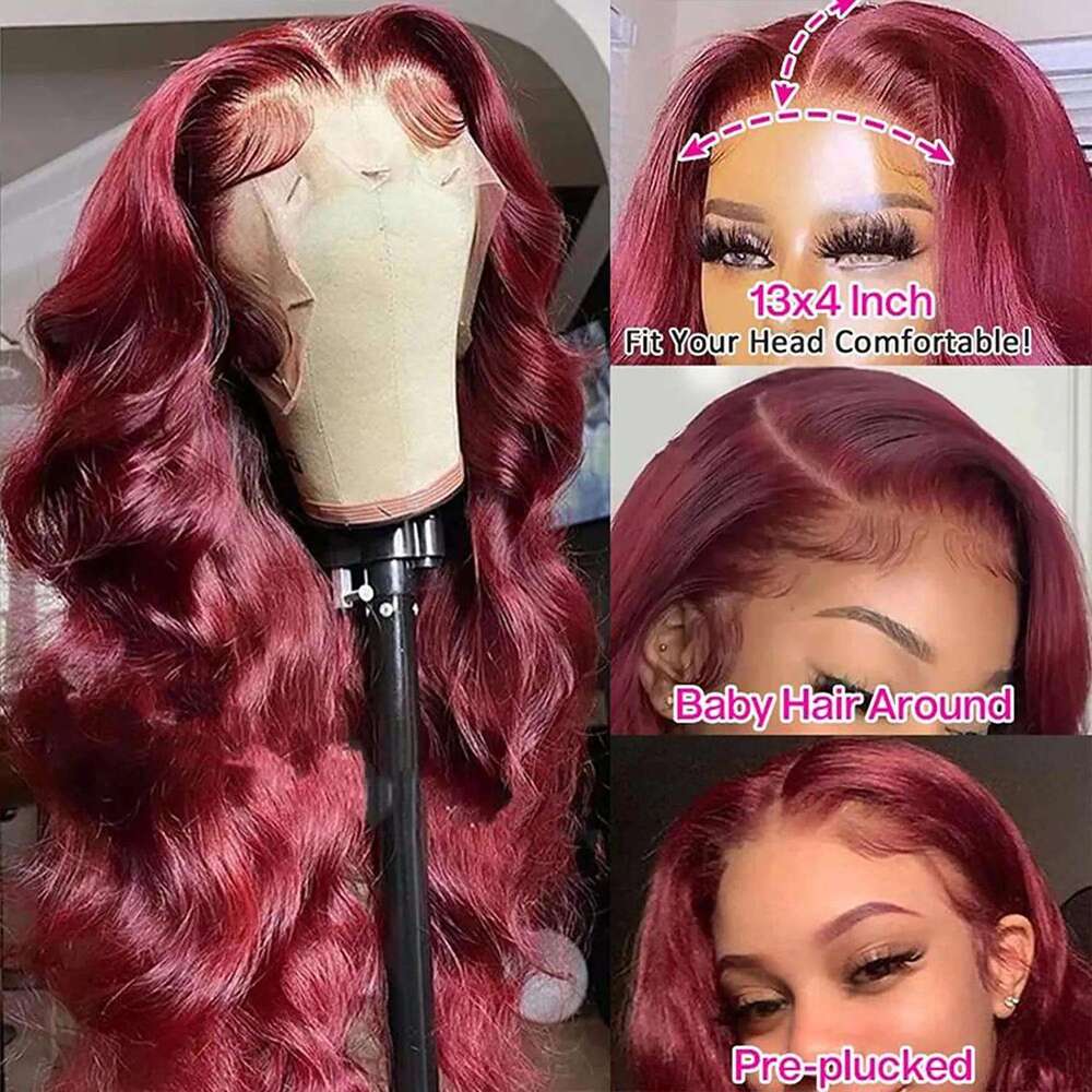 200% Body Wave Bury 99J Front 13x4 13x6 HD Lace Frontal Human Hair Pre Plucked 99j Red Colored Wig