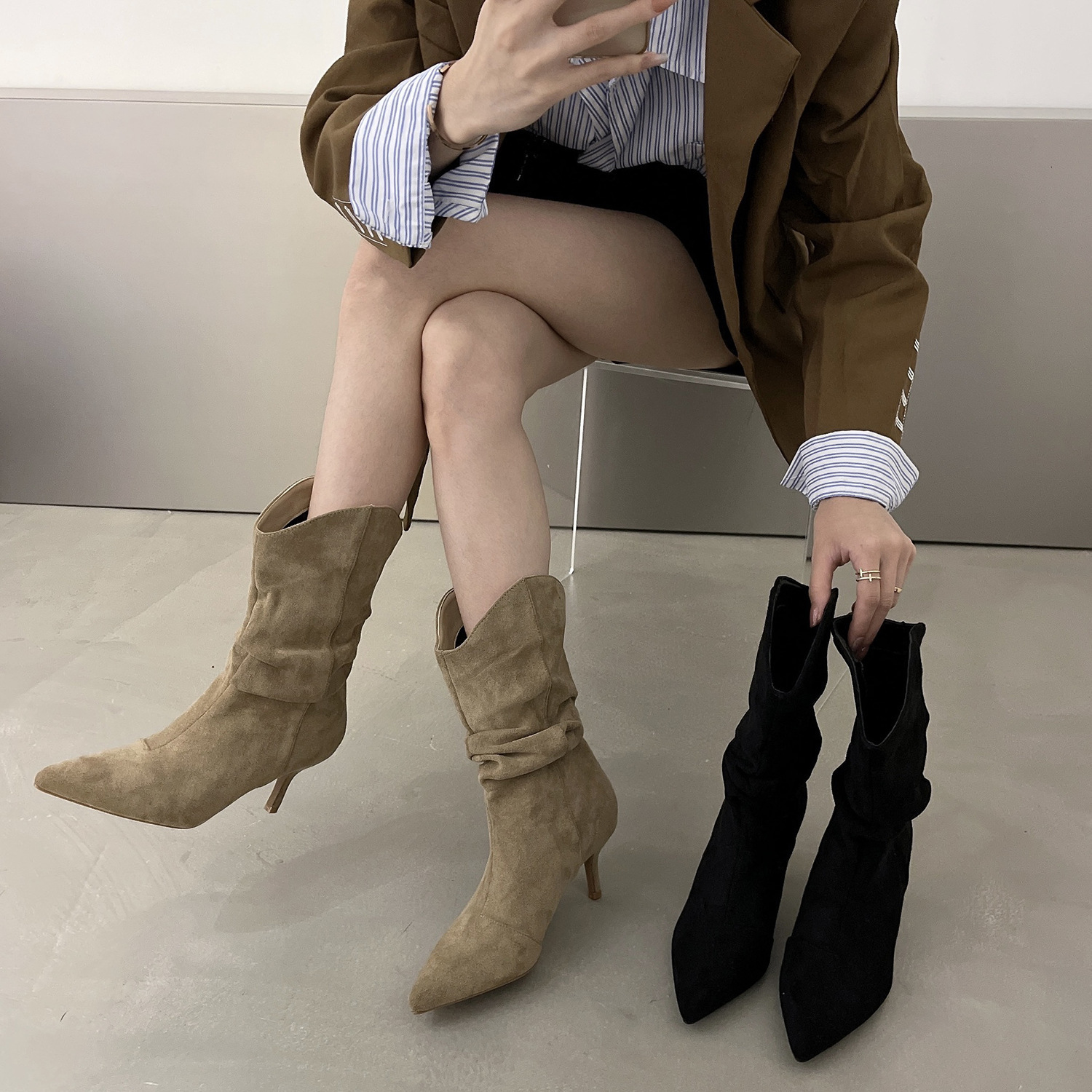 High heels womens short boots French ankle boots internet famous pointed spicy girl pile boots 2024 new Martin boots