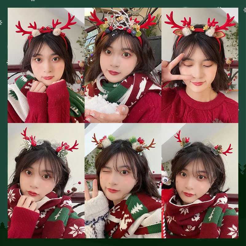 1Pcs Christmas Sweet Headband Elk Antler Girls Plush Reindeer Horn Flower Festival Clips Hair Band Kid Adult New Year Party GiftX241022