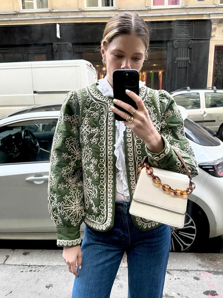 8Fashion Printed Women's O-Neck Long Lantern Sleeve Cotton Coats Chic Open Loose Crop Jackets Lady Retro Streetwear