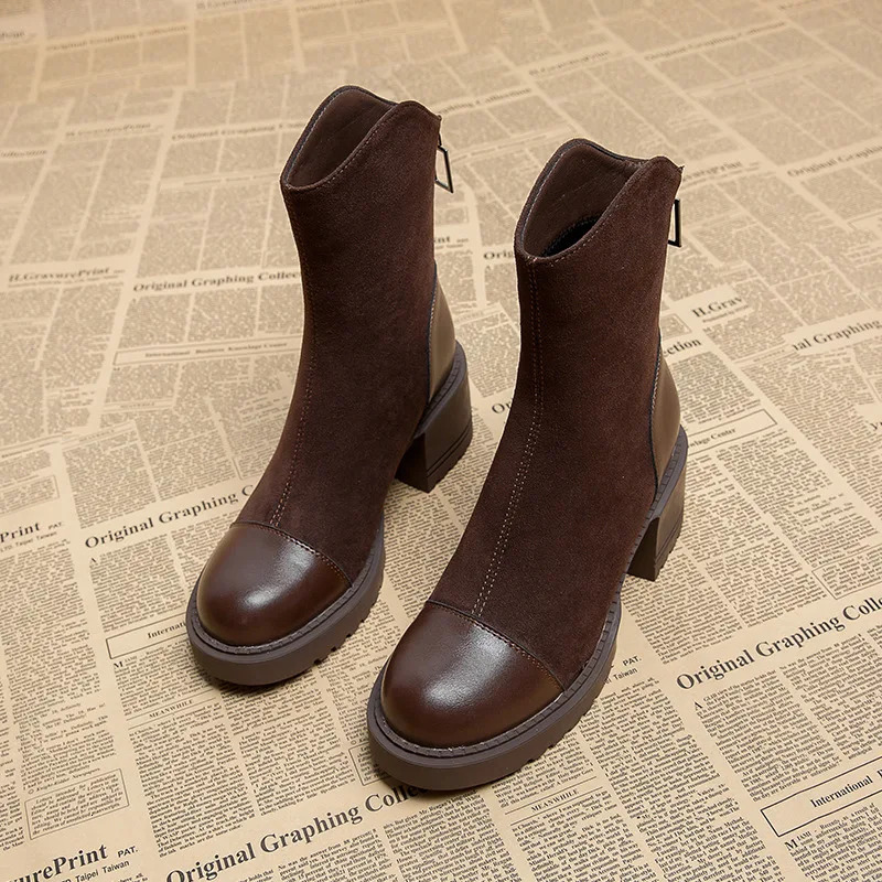 Retro brown womens ankle fashionable and elegant zipper shoes autumn square high heels modern short boots 241022