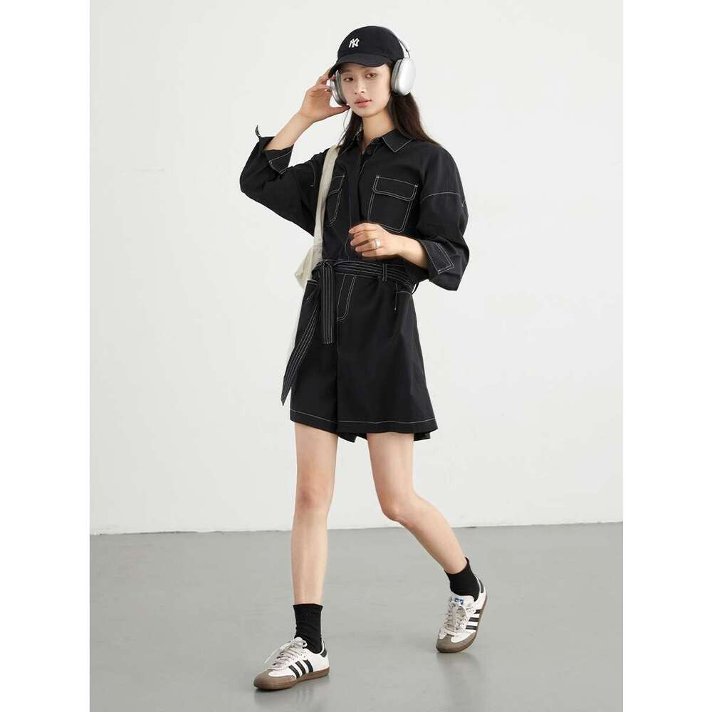 CHIC VEN Women's Jumpsuits Loose Bright E Straight Female Rompers With Waist Belt Summer 2024