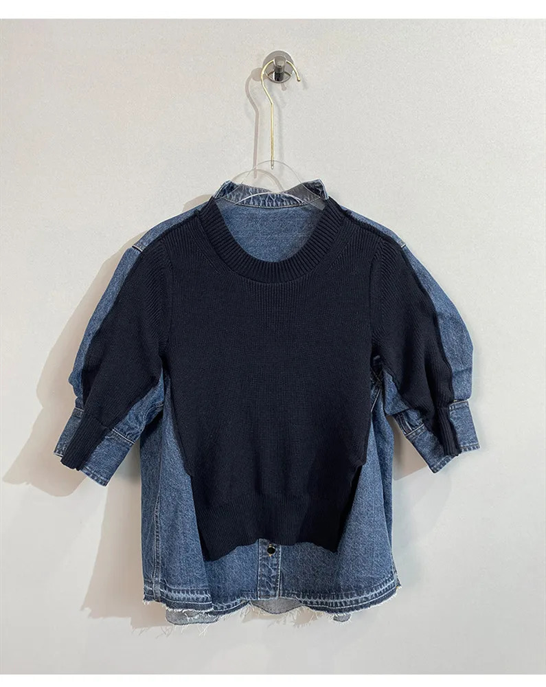 Spring Pullover Allmatch Sweater Top Denim Splicing Shortsleeved for Women Y4346 241021
