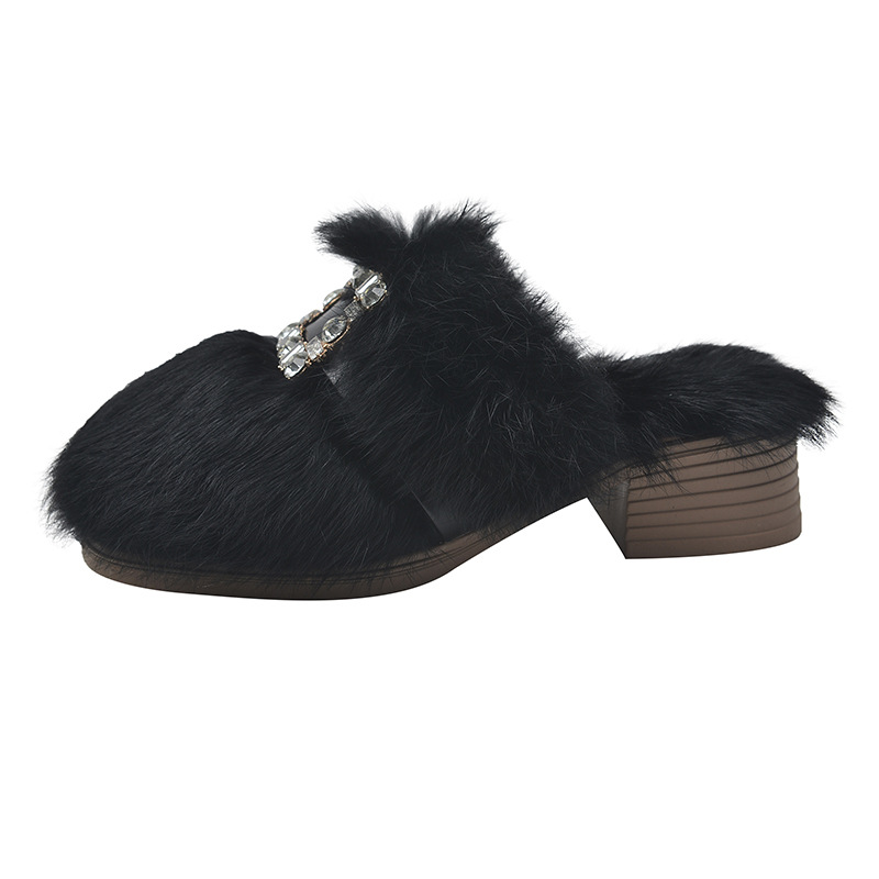 Autumn Winter Korean Version Rhinestone Square Buckle Thick Heel Plush High-heeled Slippers