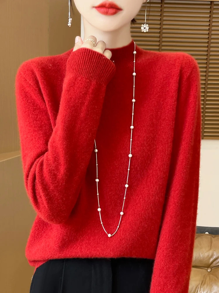 Fashion 100% Merino Wool Sweater Womens MockNeck Knitwear Cashmere Pullovers Autumn Winter Long Sleeve Jumpers Clothing Tops 241021