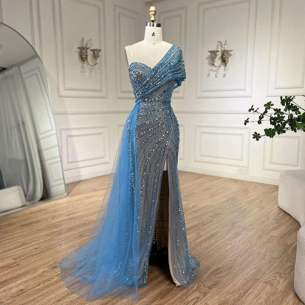 Serene Hill Green Mermaid High Split One Shoulder Beaded Evening Dresses Gowns for Women Party 2024