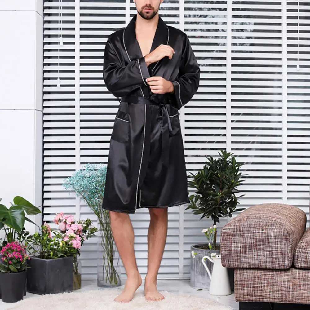 Spwear pocket mens summer imitation silk with waist bathrobe home textile W241023