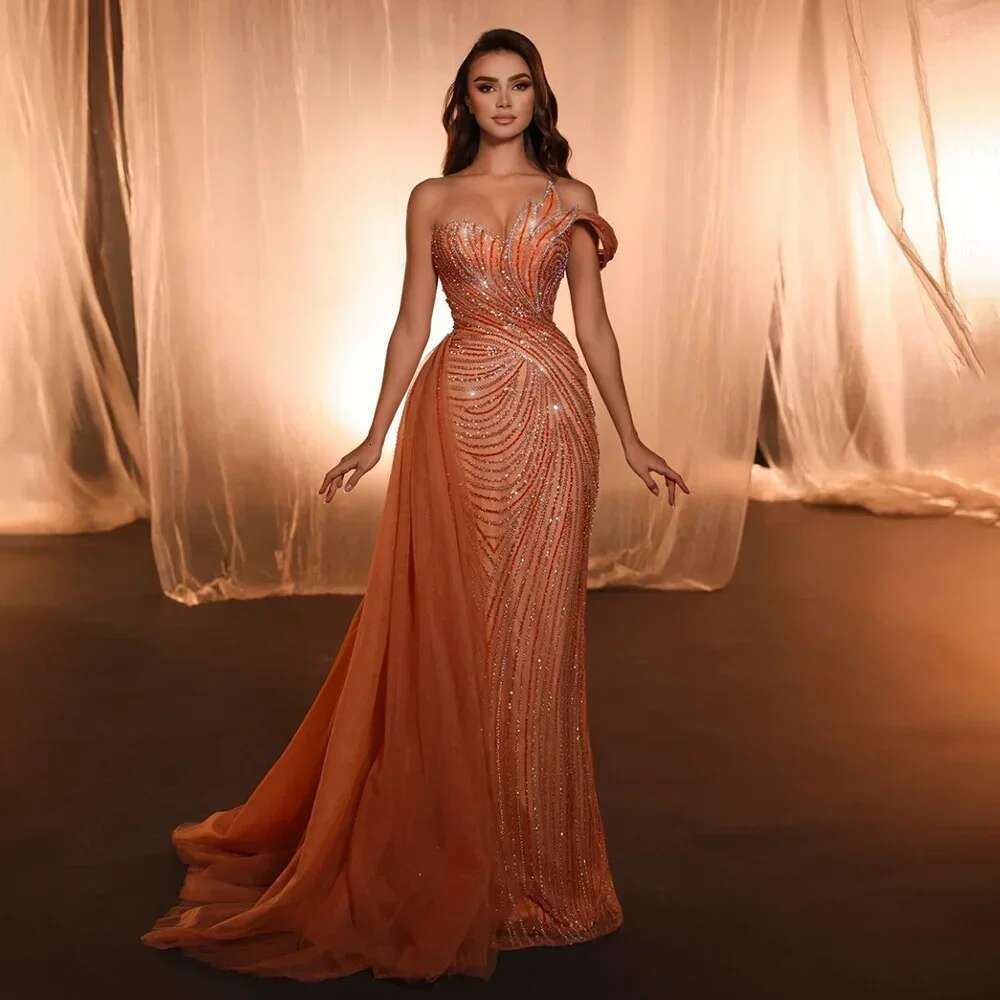 Serene Hill 2024 Arabic Blue One Shoulder Dubai Evening Gown with Side Overskirt Beaded Dress for Women's Party LA72662