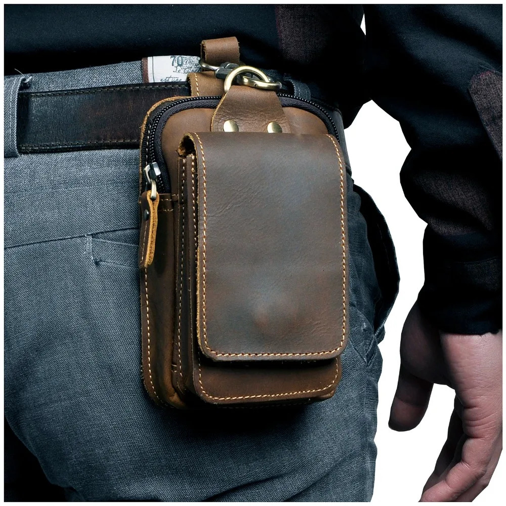 Leather mens casual small waist bag cowhide fashionable hook vagabond bag waist bag cigar box 5.5-inch phone bag 1609 241023