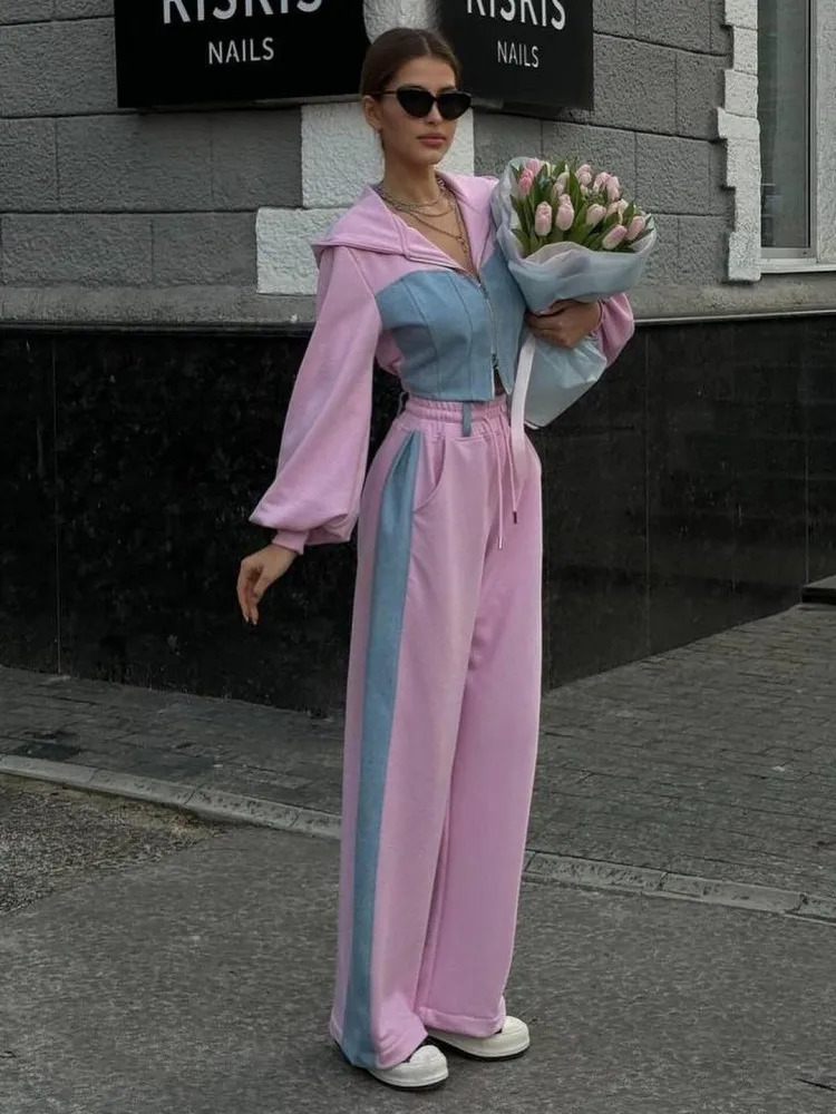 Fashion Patchwork Denim 2-piece Set Womens Ultra Thin Hoodie Cutting Top Wide Leg Sports Pants Suit Casual Track Wear 241023