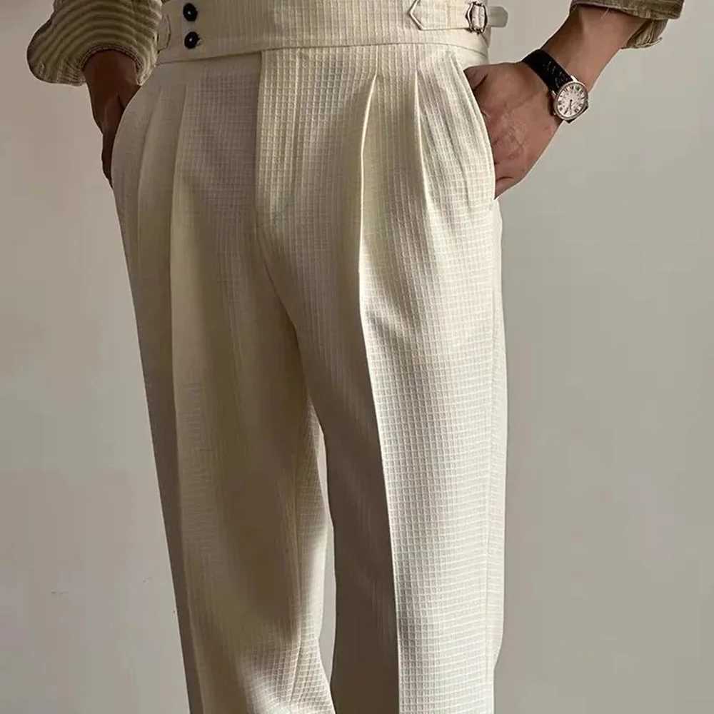 Mens Pants Suit Business British Office Casual Dress Pants Wfle Texture Chic Buckle High Waist Suit Pants Summer Mens ClothingX241023
