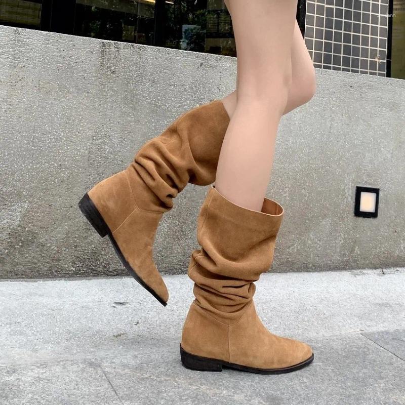 Boots Western Cowgirls Cool Shoes Woman Natural Suede Spring Autumn Botas Slip On Ladies Shoe Casual Style Wier Pleated