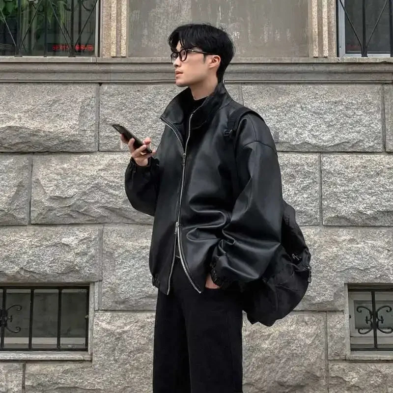 Fashionable black leather jacket mens Cropped bomber jacket autumn motorcycle gear loose fit casual style artificial leather 241023