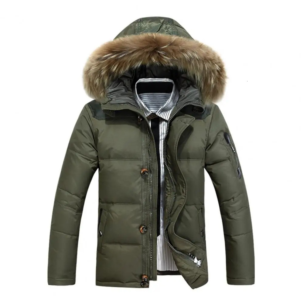 Mens hooded jacket with fur collar brushed solid color winter jacket with zipper suitable for weather 241022