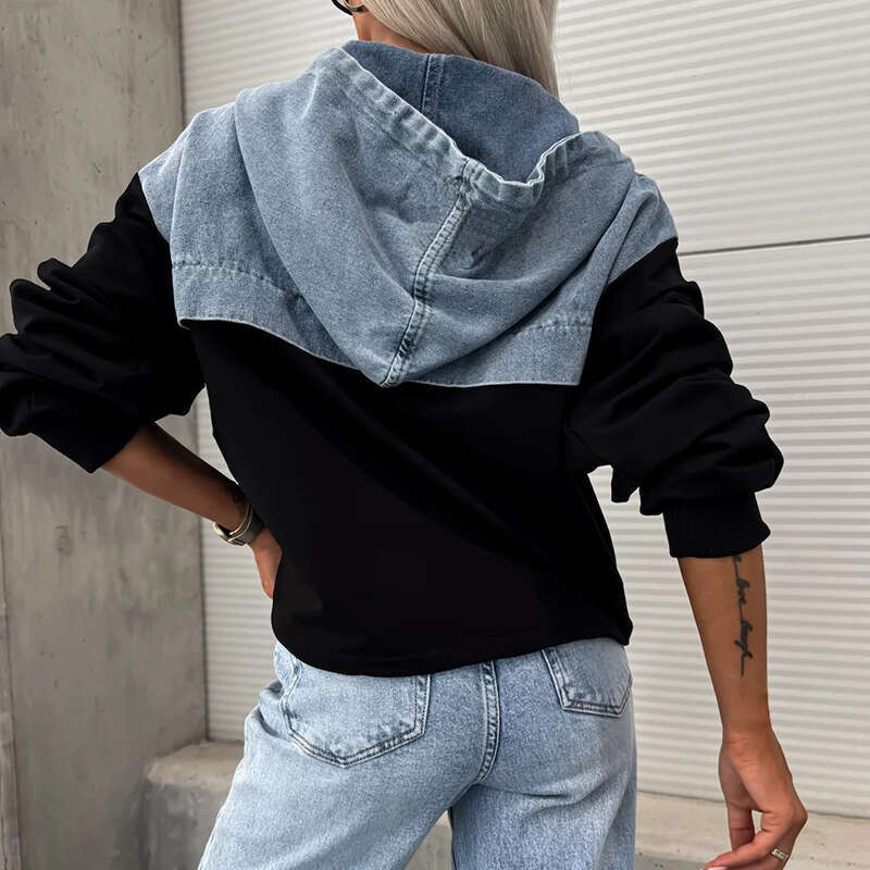 High end Women Elegant Denim Female Hoodie Sweatshirt Fashion Stitching Drawstring Hooded Ins High Street Jeans Long Sleeve