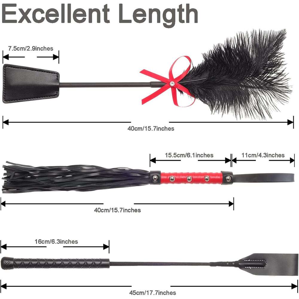 Fumwase 3 Pcs Sex Whip and Crop Set BDSM Whip Leather Horse Crop Feather Tickler for Adults Bedroom Play Sex Play Toys for Couples