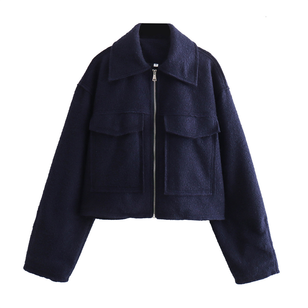 Unizera2024 Spring New Product Women's Simple Flip Collar Patch Bag Decoration Bead Leather Zipper Jacket Woolen Coat