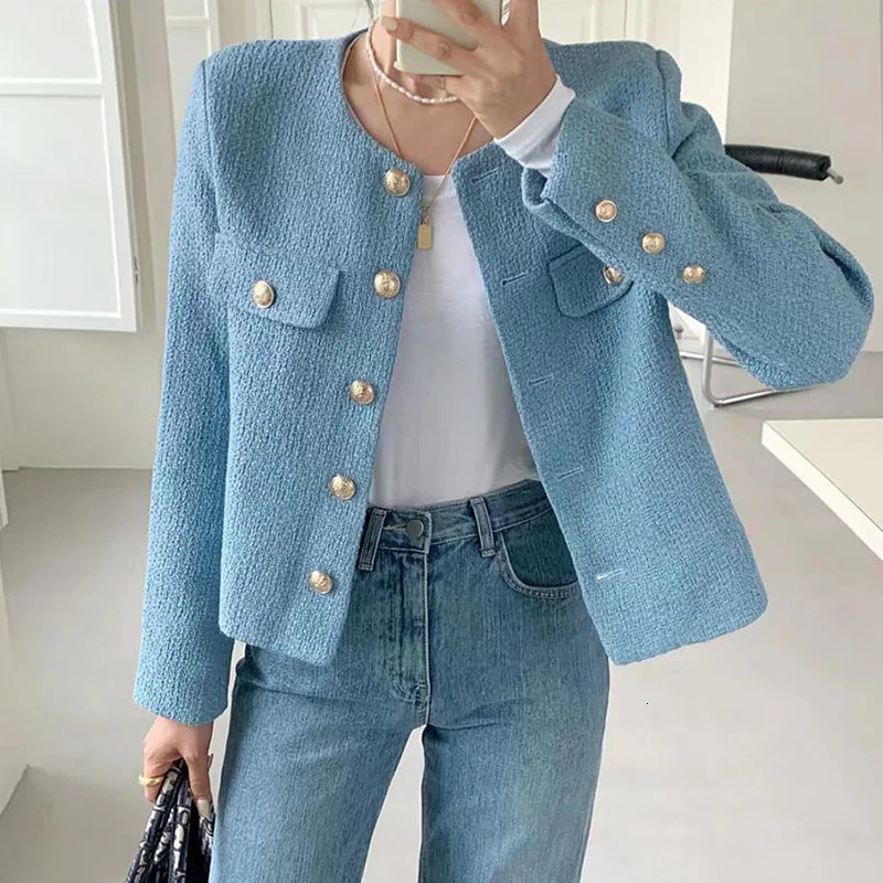 Womens coarse tweed single chest open top jacket elegant long sleeved jacket office O-neck solid top autumn warm jacket 241023