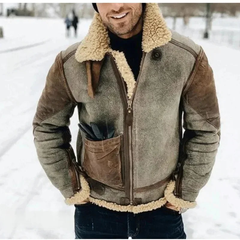 Thick mens jacket warm synthetic leather warm jacket large collar contrasting color European and American suede fur one-piece jacket 241023