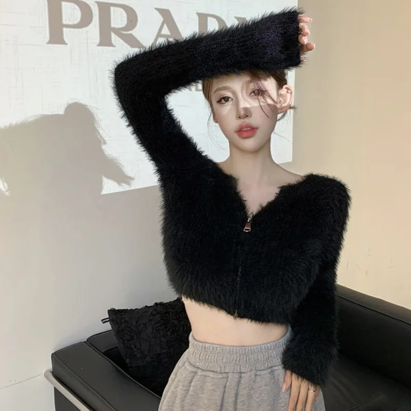 Women Autumn Temperament Knitted Cardigan Top Mink Short Style Gentleness Sweater Coat Solid Color Zipper n Plush 241010