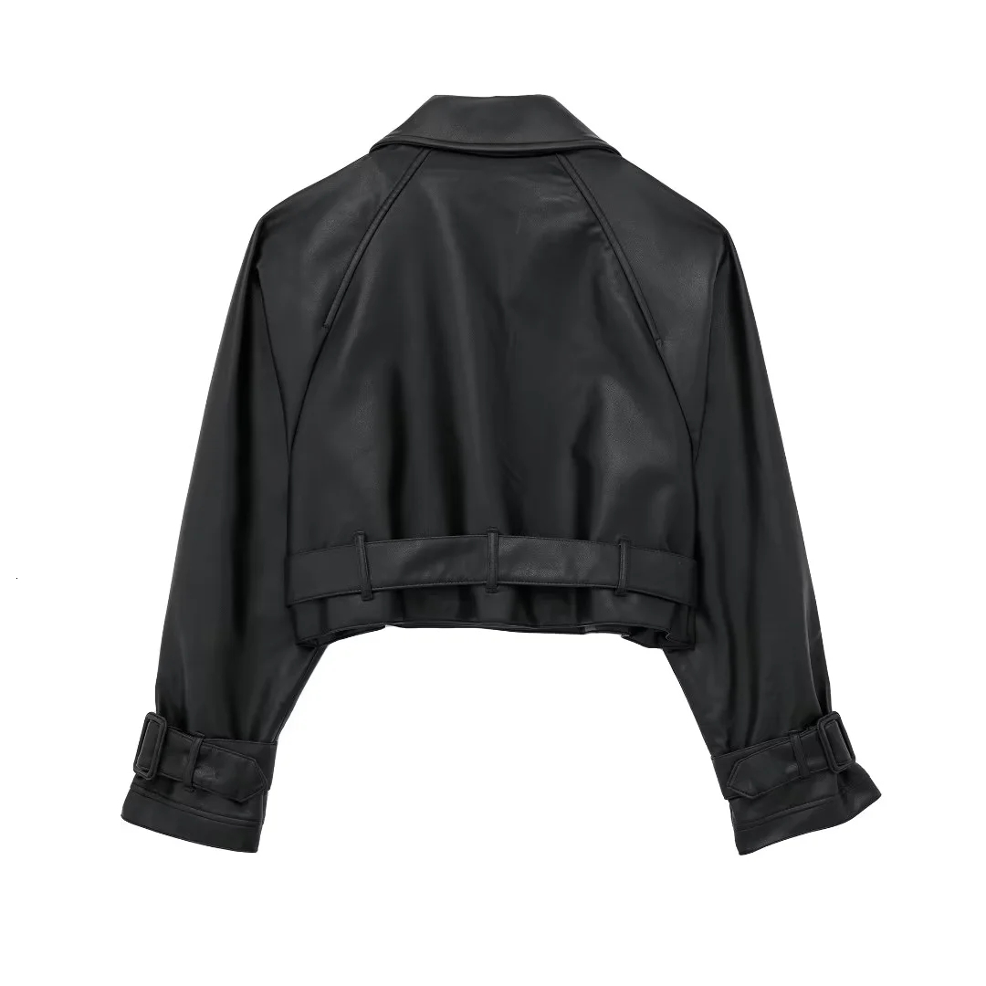 TRAF Cropped Black Woman Windbreaker Faux Leather Jacket Long Sleeve Trench Coat For Women Y2k Belt New In Jackets