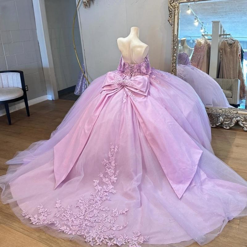 Lilac Shiny Princess Quinceanera Dresses Ball Gown Off The Shoulder Lace Applique Bow Beads Tull Mexian Corset Sweet 16 Dress Vestido De 15 Anos