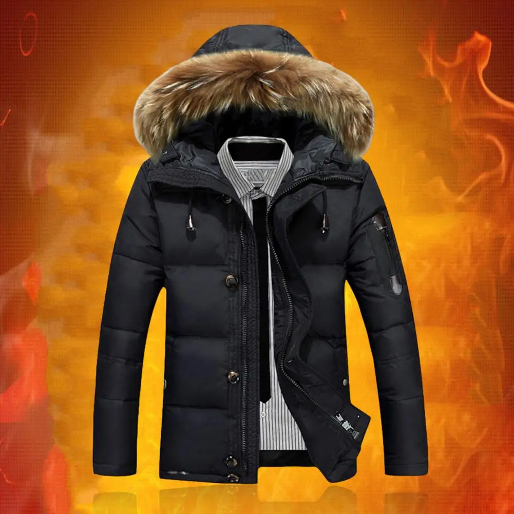 Mens hooded jacket with fur collar brushed solid color winter jacket with zipper suitable for weather 241022