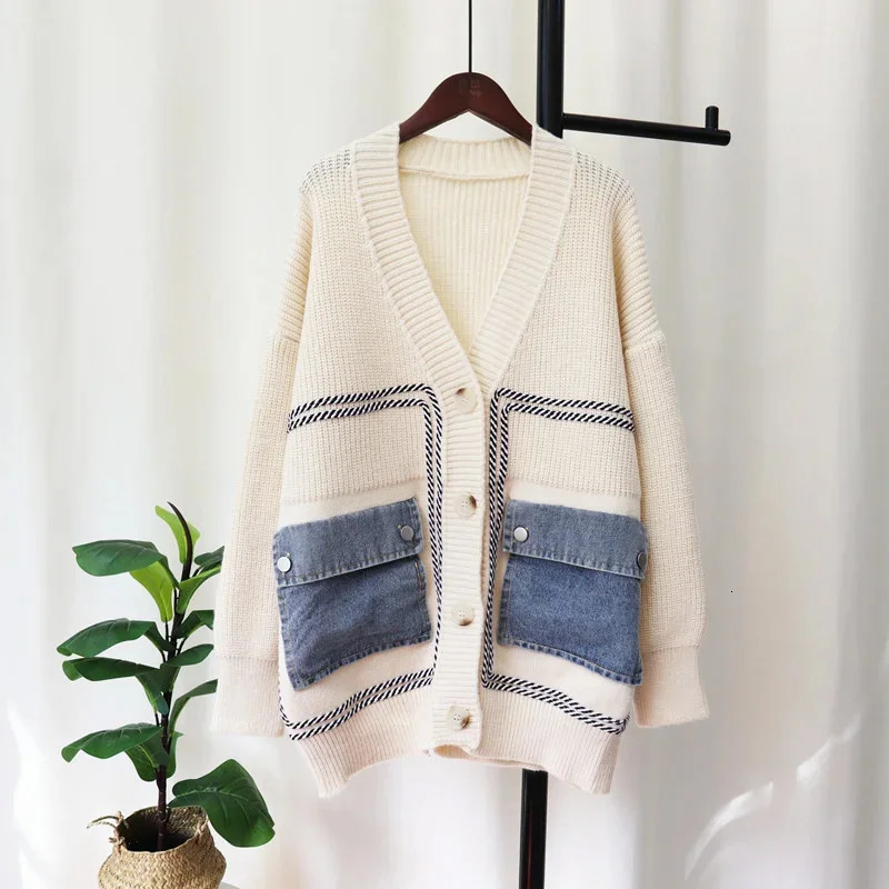 Winter Denim Patchwork Knitting Cardigan For Women Loose V Neck Long Sleeve n Y2K Sweater Fashion Tops 241021