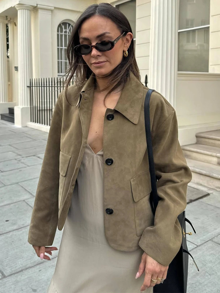 Y2K TRAF Retro Suede Womens Jacket Autumn Chic Swinging Door Collar Double Pocket Jacket Womens Long Sleeve Jacket 241023