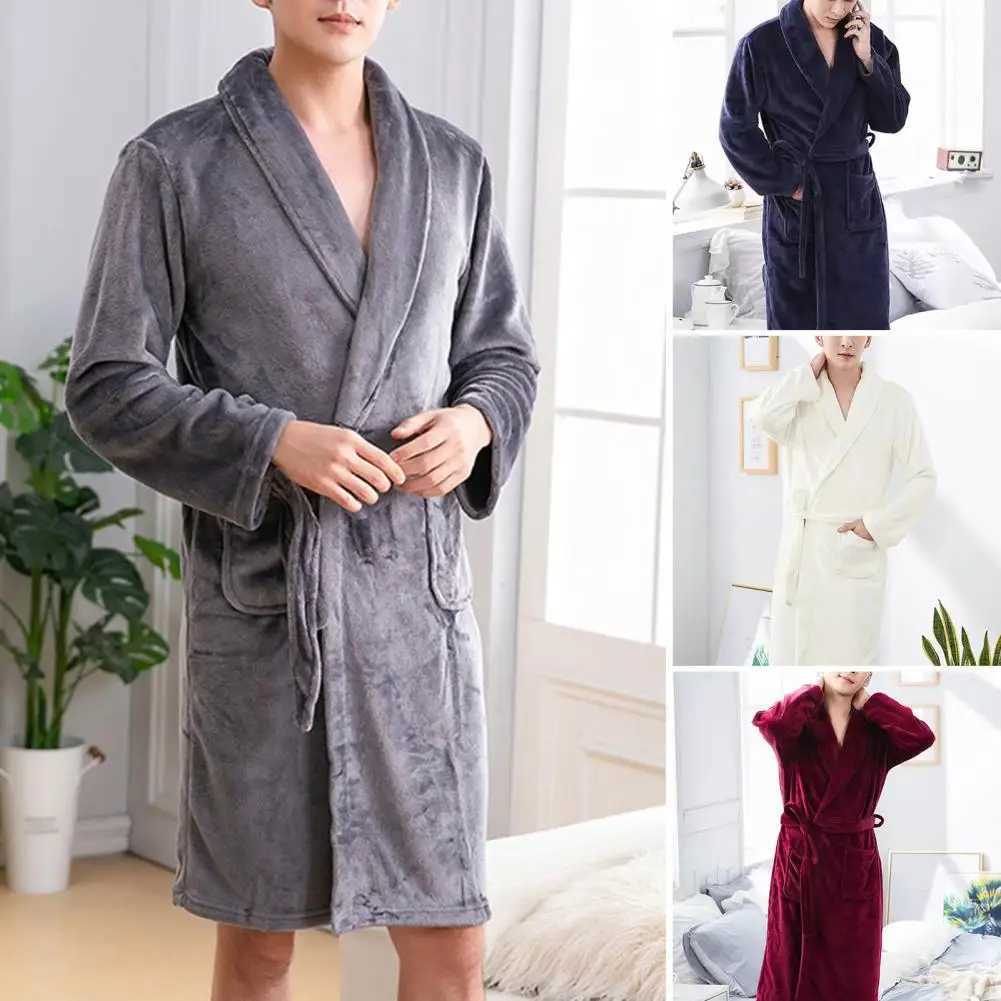 Autumn and Winter Mens Night Light Flannel Pocket Collar Long Sve Robe Large Size Thick Rotating Door Collar Bathroom W241023