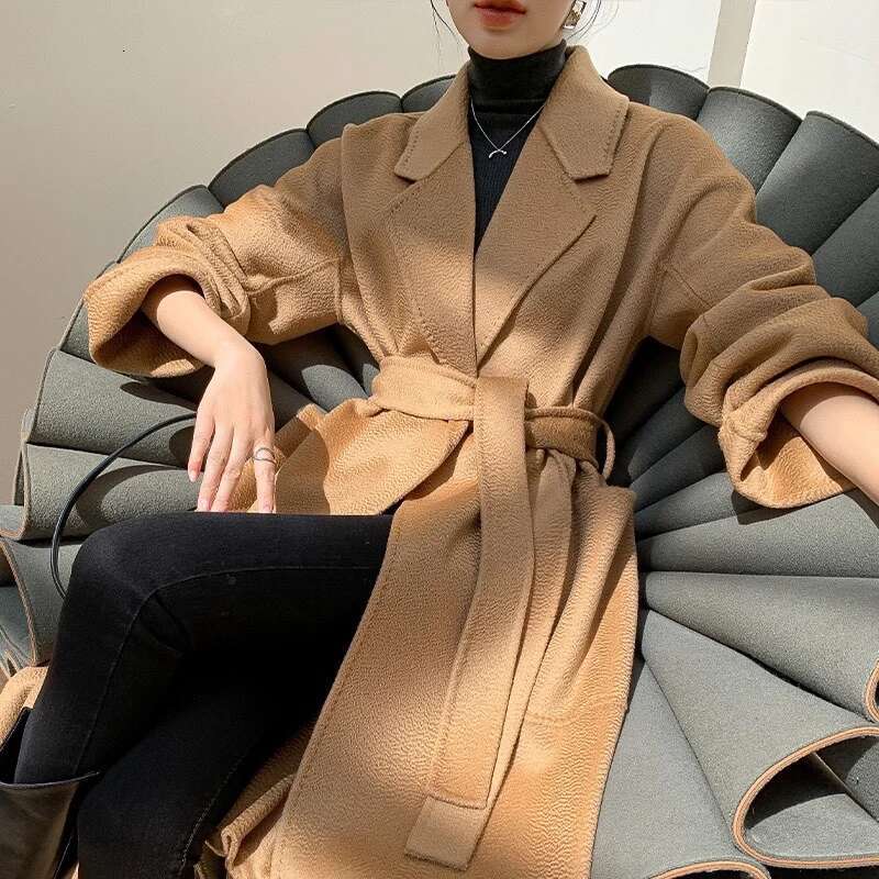Rose Bathrobe Water Ripple Cashmere Wool Mid-Length Coat Women Elegant Fashion Loose Laepl Pocket Woolen Coats Autumn Winter