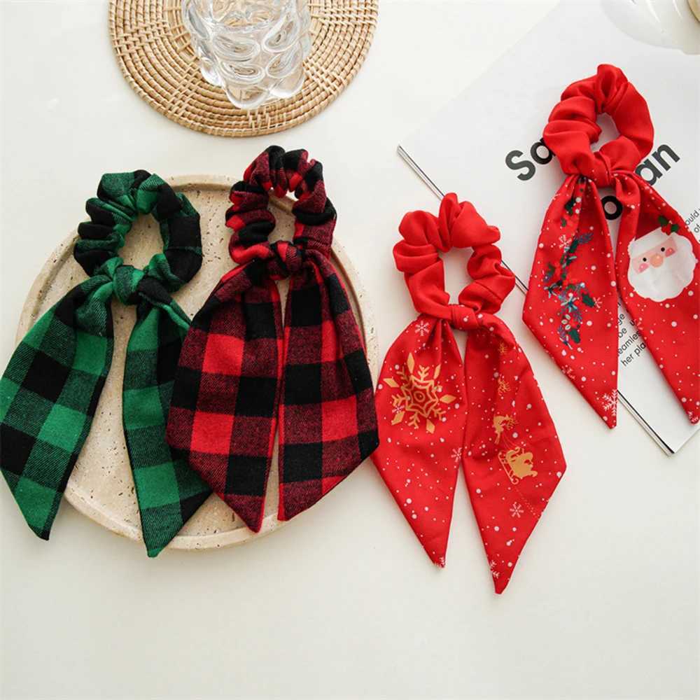 Ponytail Ribbon Hair Tie Santa Claus Elastic Hair Band Christmas Style Plaid Scrunchies Simple Fashion DIY Hair AccessoriesX241021